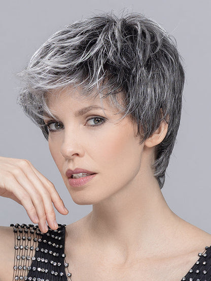 LOVE COMFORT by ELLEN WILLE in SALT/PEPPER ROOTED 51.44.39 | Black/Dark Brown, Darkest Brown, and Lightest Brown with Grey Blend and Shaded Roots