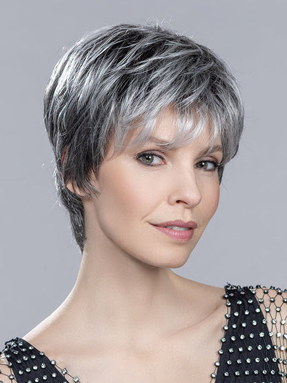 LOVE COMFORT by ELLEN WILLE in SALT/PEPPER ROOTED 51.44.39 | Black/Dark Brown, Darkest Brown, and Lightest Brown with Grey Blend and Shaded Roots