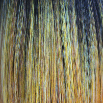 Sunkiss  -  A medium brown rooted color which is highlighted throughout the blonds. Variety of warm shades, blends of honey gold and Tuscan sun. Heat Friendly.