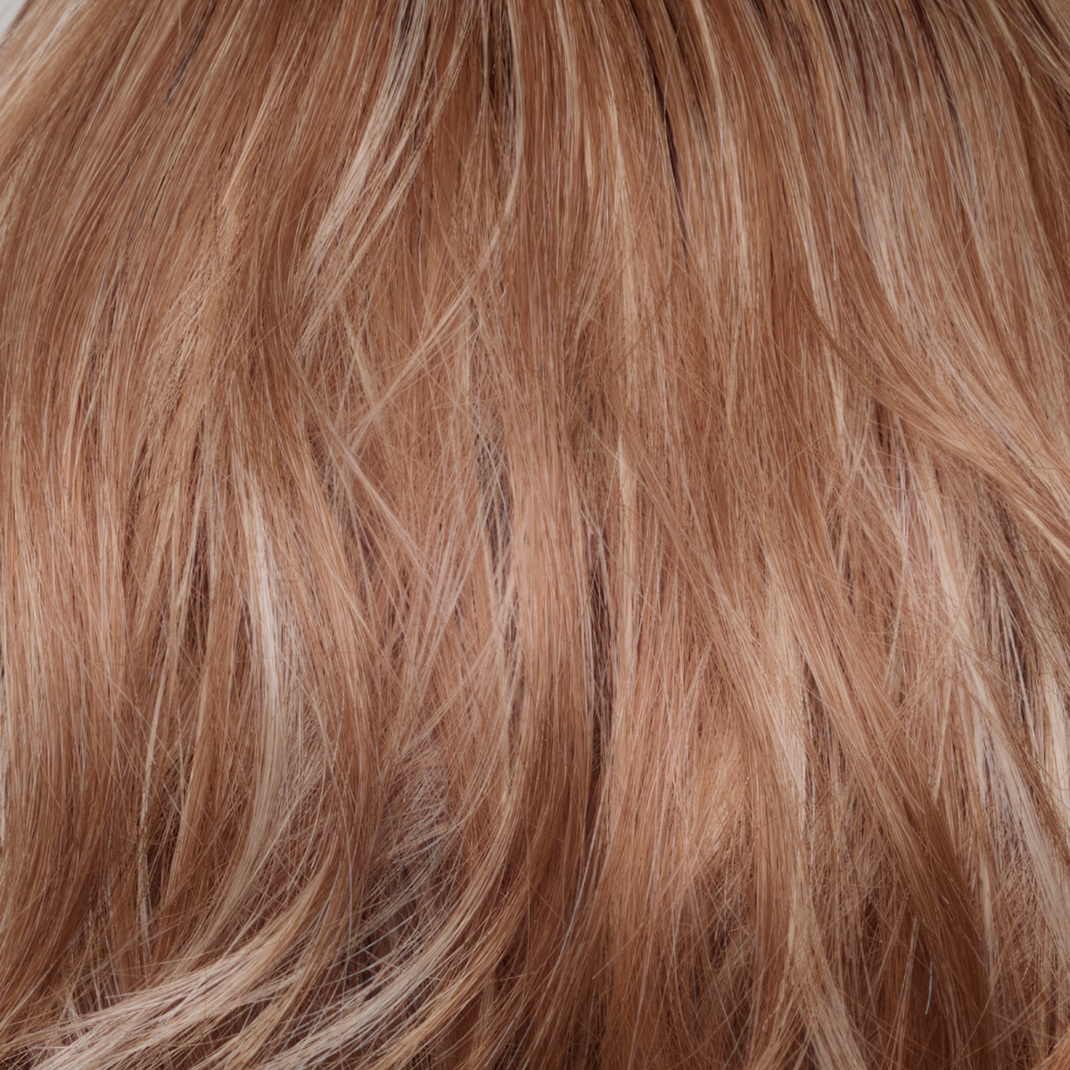 Cinnamon Frost-R  -  Warm, medium coppery-brown base with white-blond highlights. The medium brown root color adds a realistic vibe.   