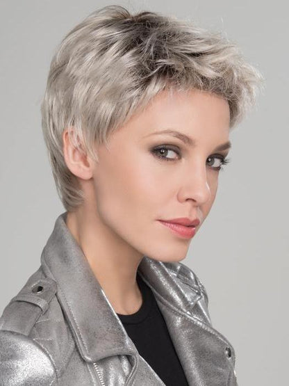 RISK by ELLEN WILLE in LIGHT CHAMPAGNE ROOTED 101.23.8 | Pearl Platinum, Lightest Pale Blonde, and Medium Brown blend with Dark Shaded Roots