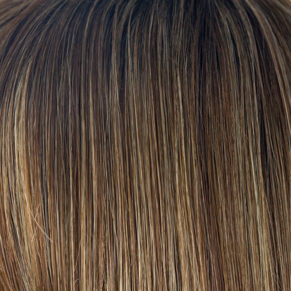 Iced Mocha-R  -  Balances our Medium Brown-base with cool light blond highlights. Warm, dark root color creates any type of realistic length, giving off a stunning look.