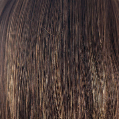 NM Coffee Latte  -  A Cappucino-base with a mix of warm medium brown and medium golden blond highlights. With strategically placed highlights throughout, the warm toned color will highlight and warm the skin tone.