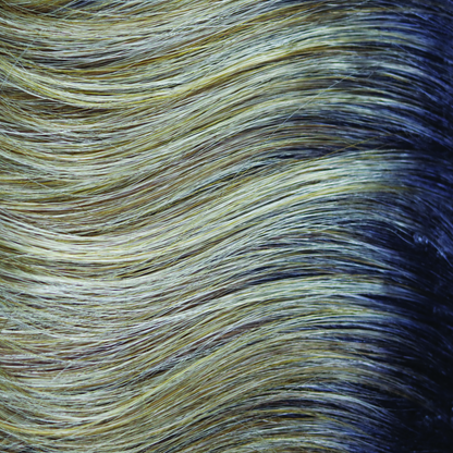 Peanutbutter Swirl  -  A rooted classy medium blond with pearl beige slices and tones of medium warm peanut butter slices and honeysuckle blonds. Peanut Butter Swirl is a deliciously warm color!