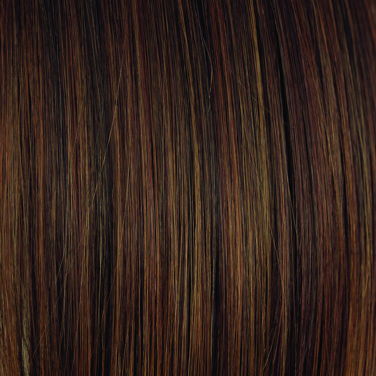 Rum Raisin  -  A blend of deep, dark, garnet brown base with an array of ribbon highlights, medium hazel blonds, and medium mahogany red browns.